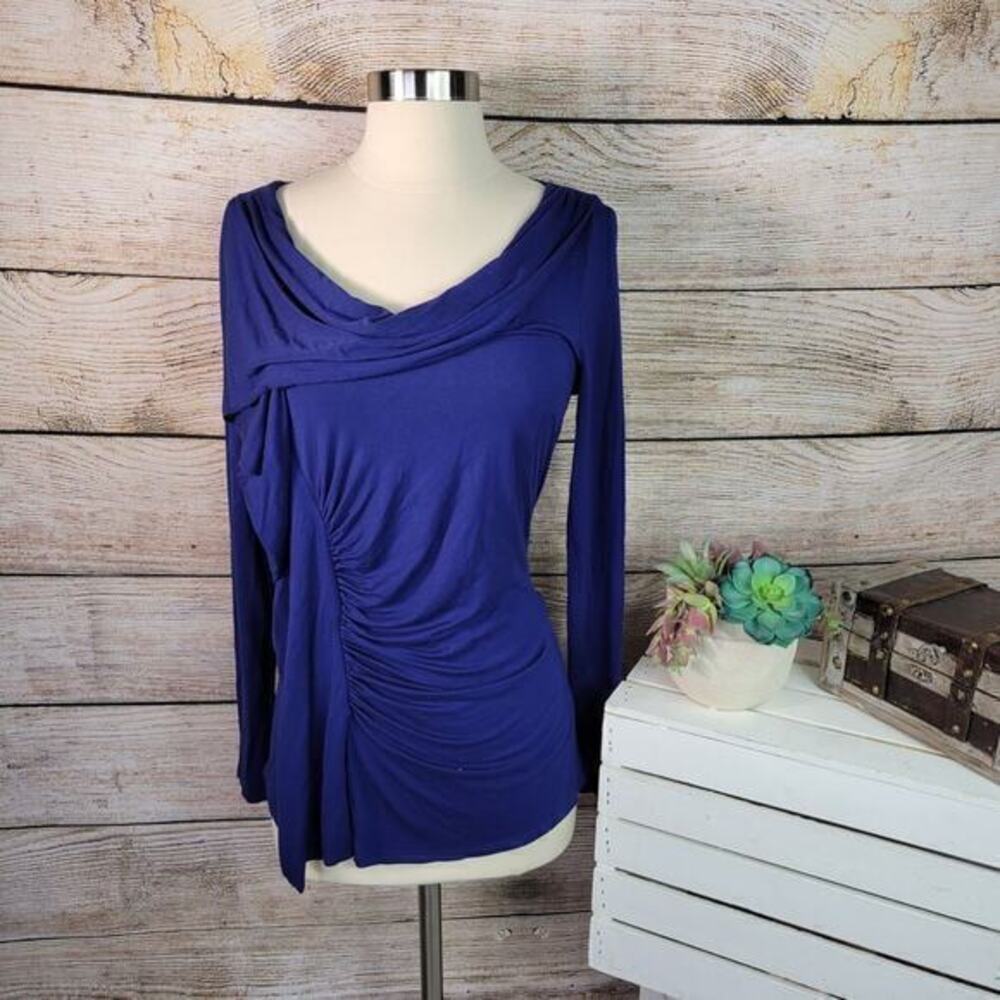 Boston Proper Draped Side Ruched Long Sleeve Top Blue Small